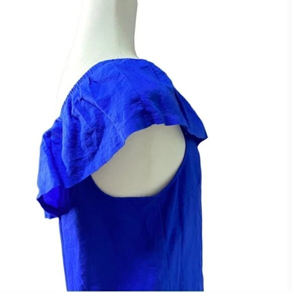 J. Crew Factory Linen Blend Dress XXS NWT Royal Blue One Shoulder Ruffle Party - Picture 5 of 7